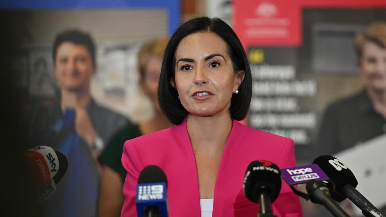 Prue Car at a press conference.