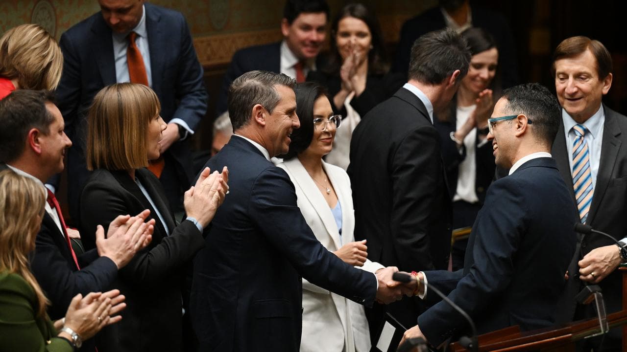 NSW Treasurer Daniel Mookhey is congratulated after the budget.