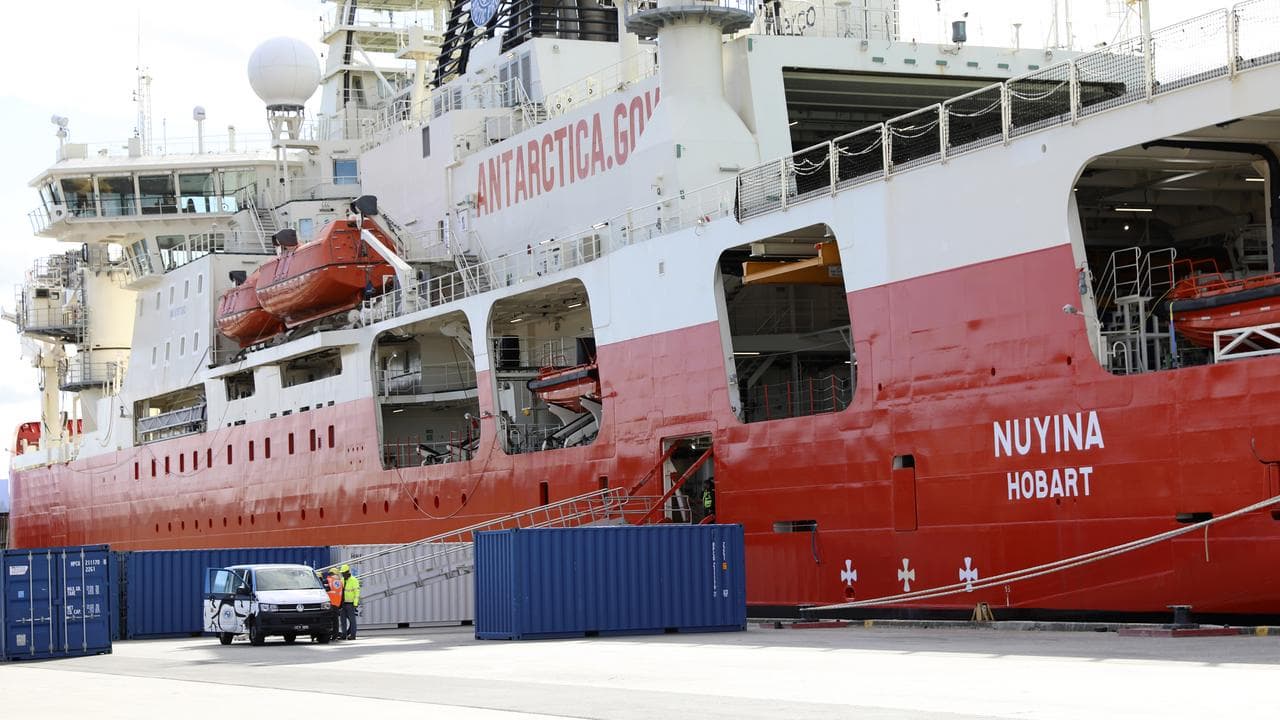 The Nuyina at a Hobart wharf.