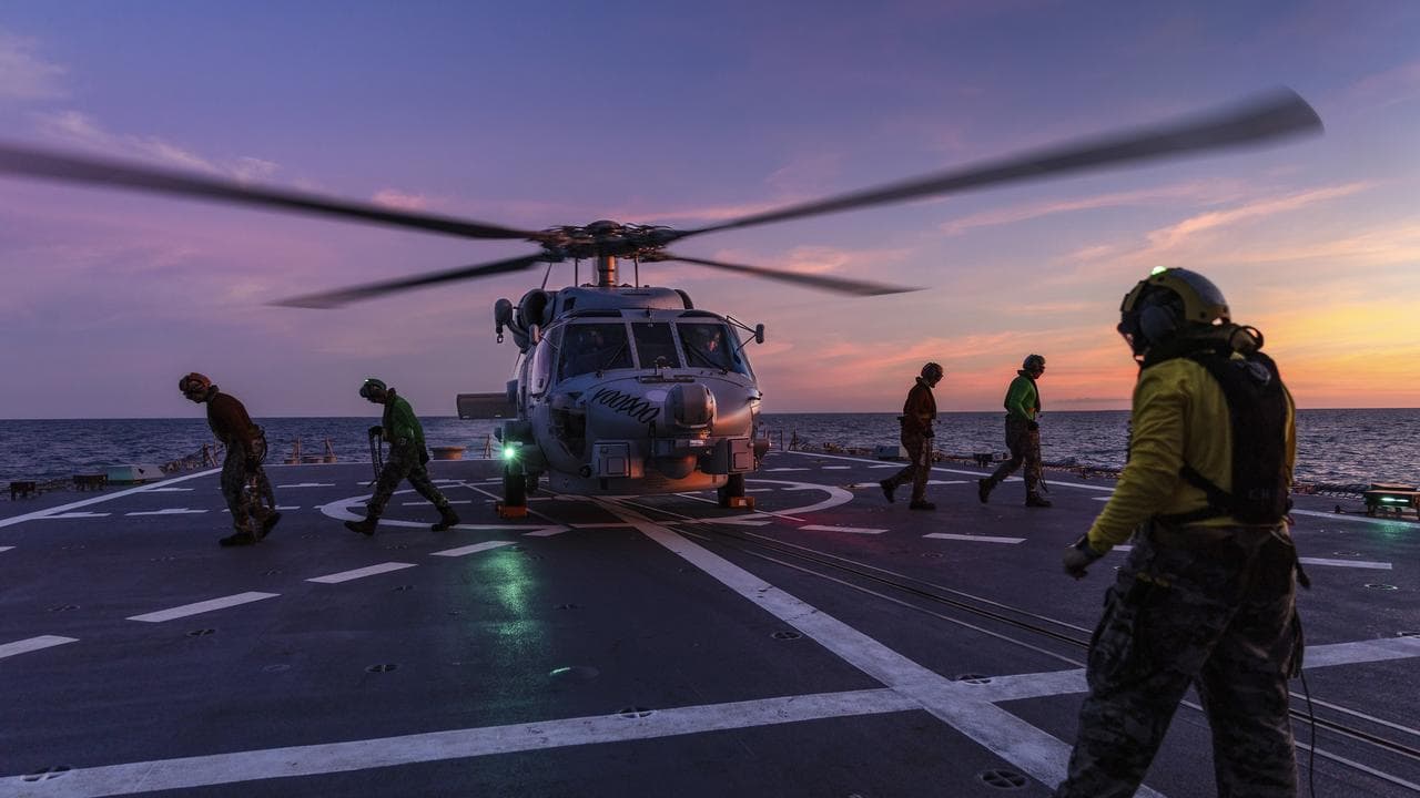 A Seahawk helicopter on HMAS Hobart.