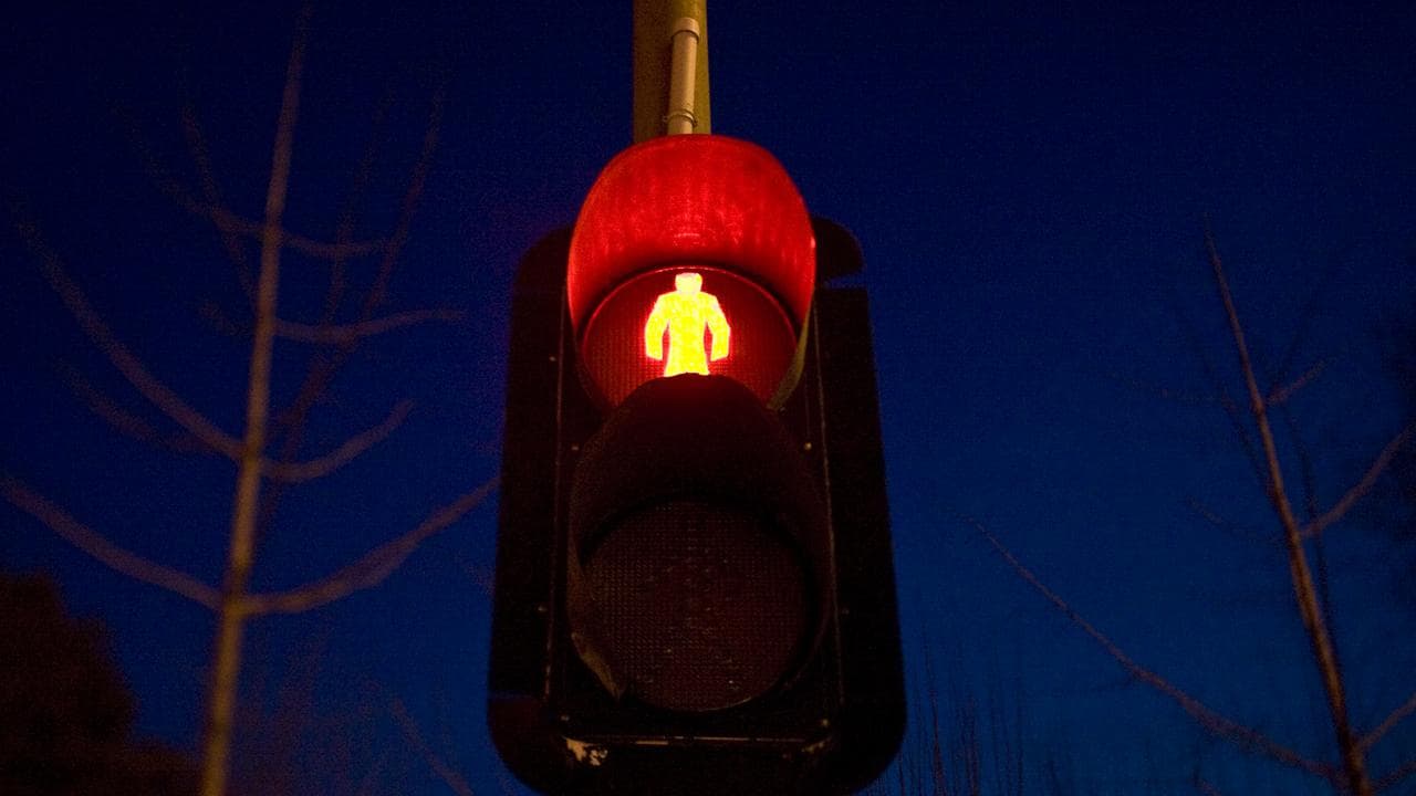 A traffic light illuminates a tree-lined street in Beijing, China