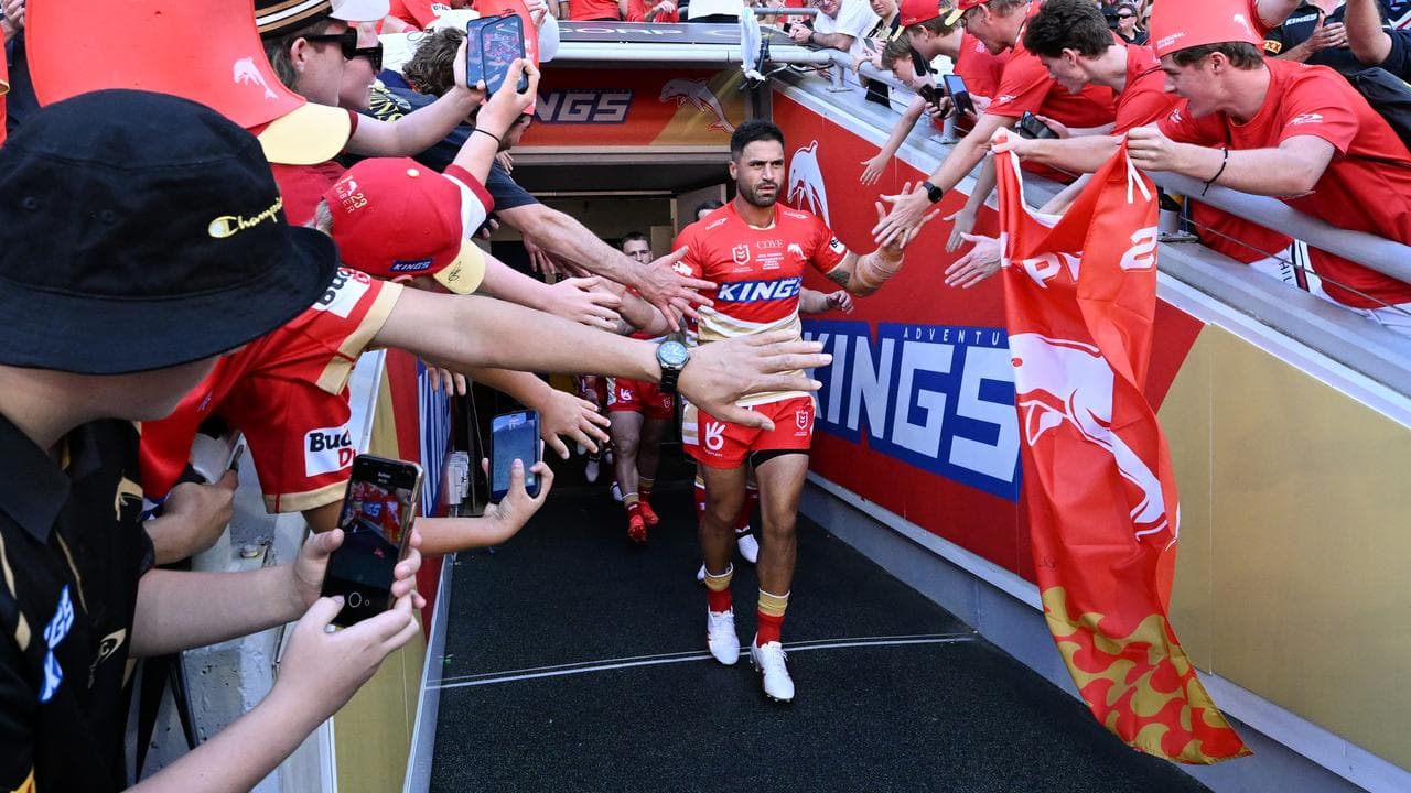 Dolphins run out for their first NRL match, in March 2023.