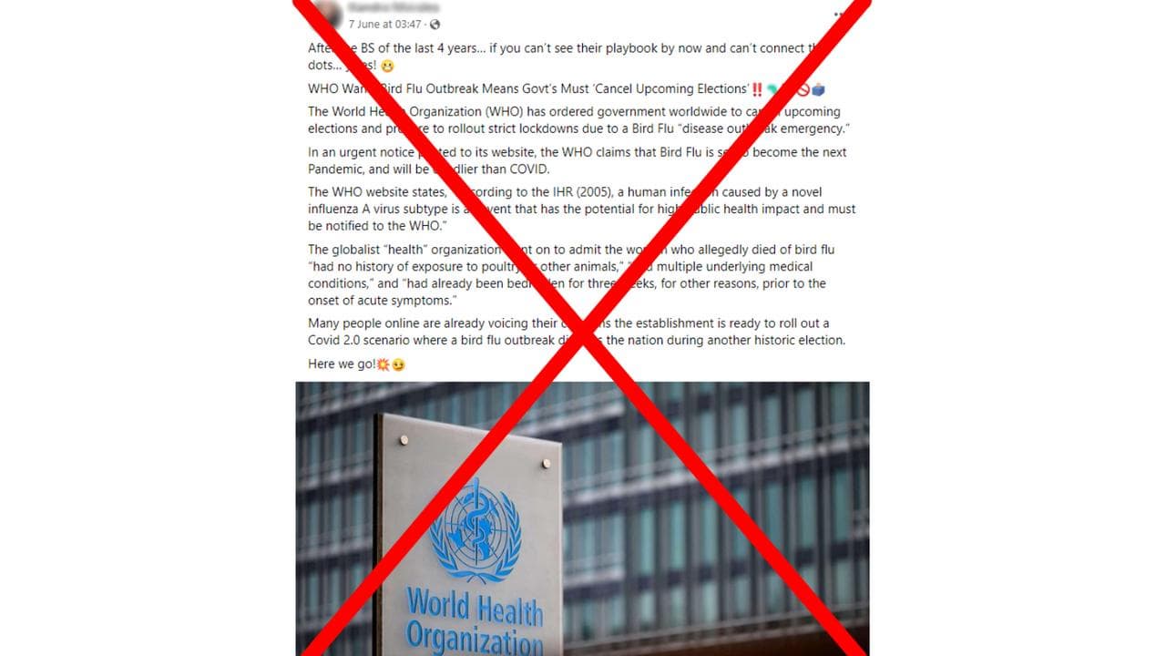 Facebook post saying WHO ordered elections cancelled due to bird flu.