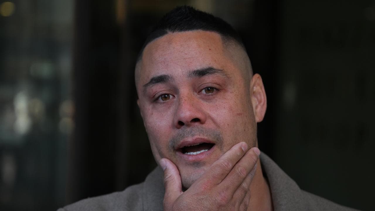 Jarryd Hayne gets emotional as he speaks with the media