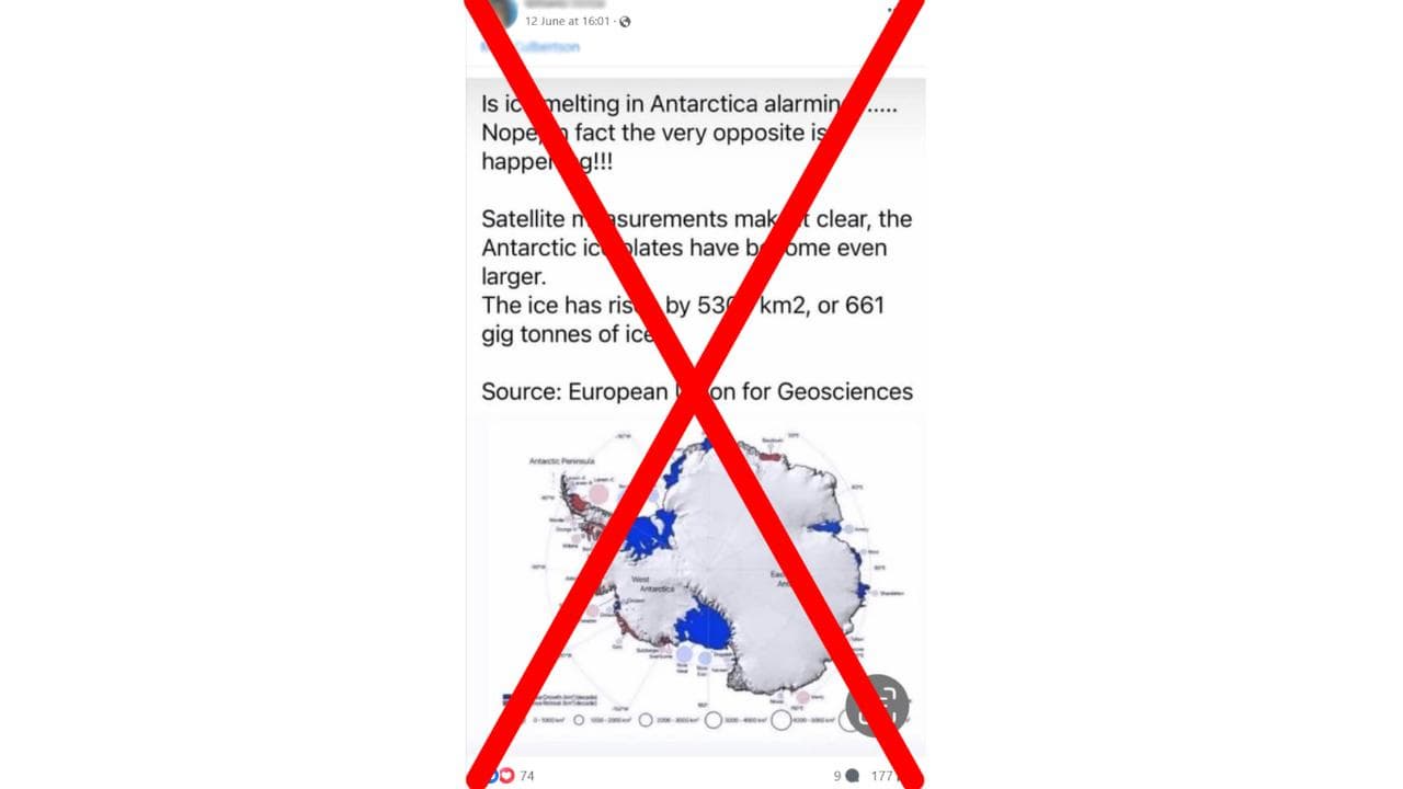 Crossed out Facebook post claiming Antarctic ice is growing
