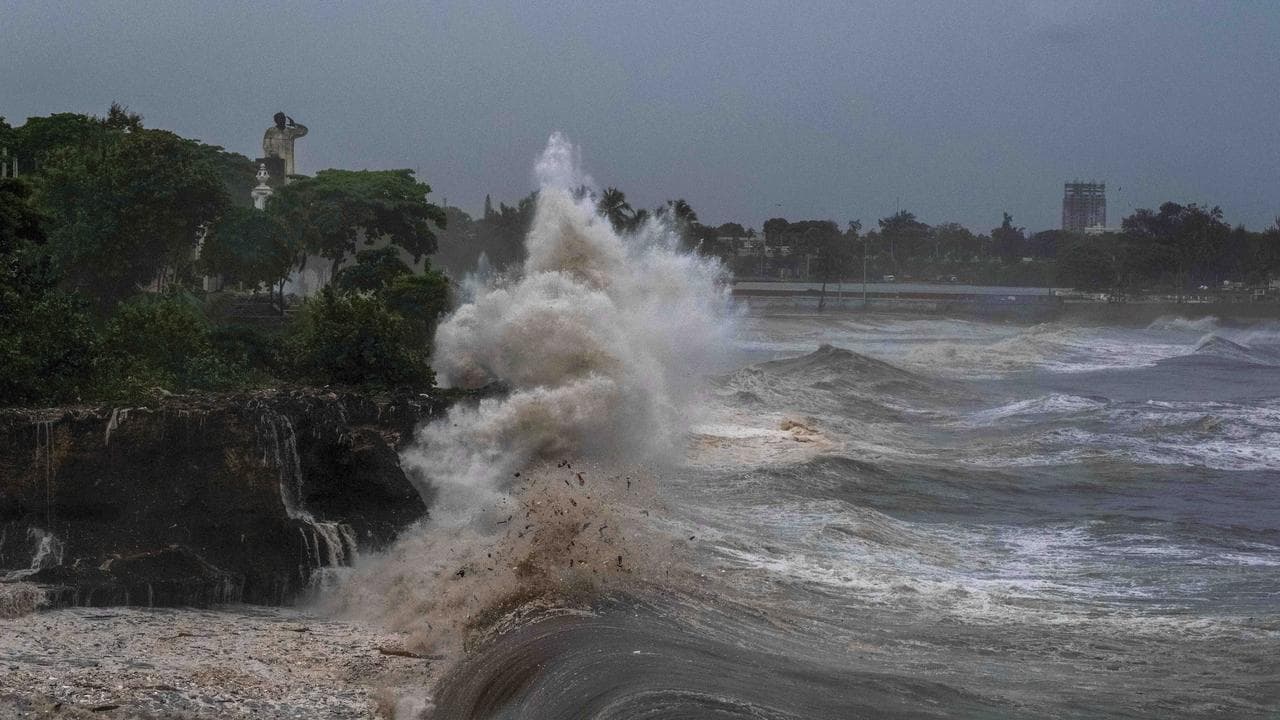 Waves from Hurricane Beryl hit the seawall in Santo Domingo