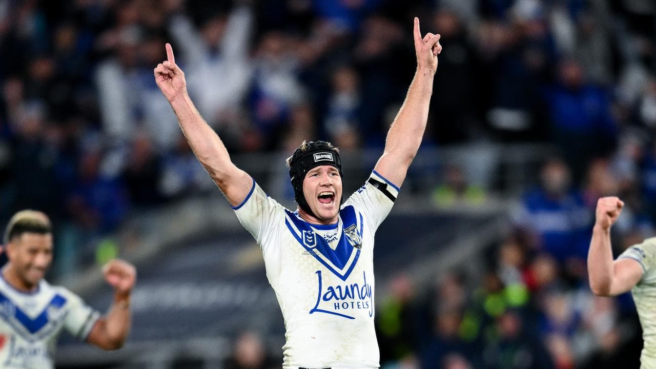 Bulldogs' Matt Burton celebrates his dramatic last-gasp one-pointer.