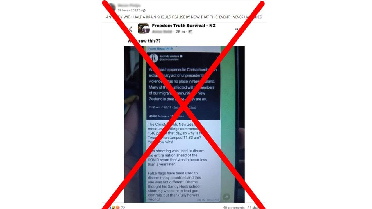 Facebook post showing a Telegram post claiming Jacinda Ardern's tweet 
