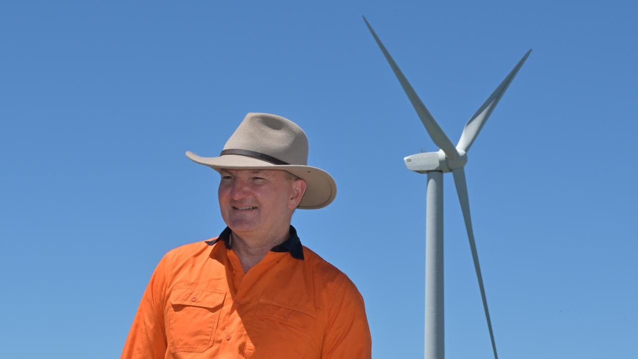 Chris Bowen in front of wind turbine (file image)