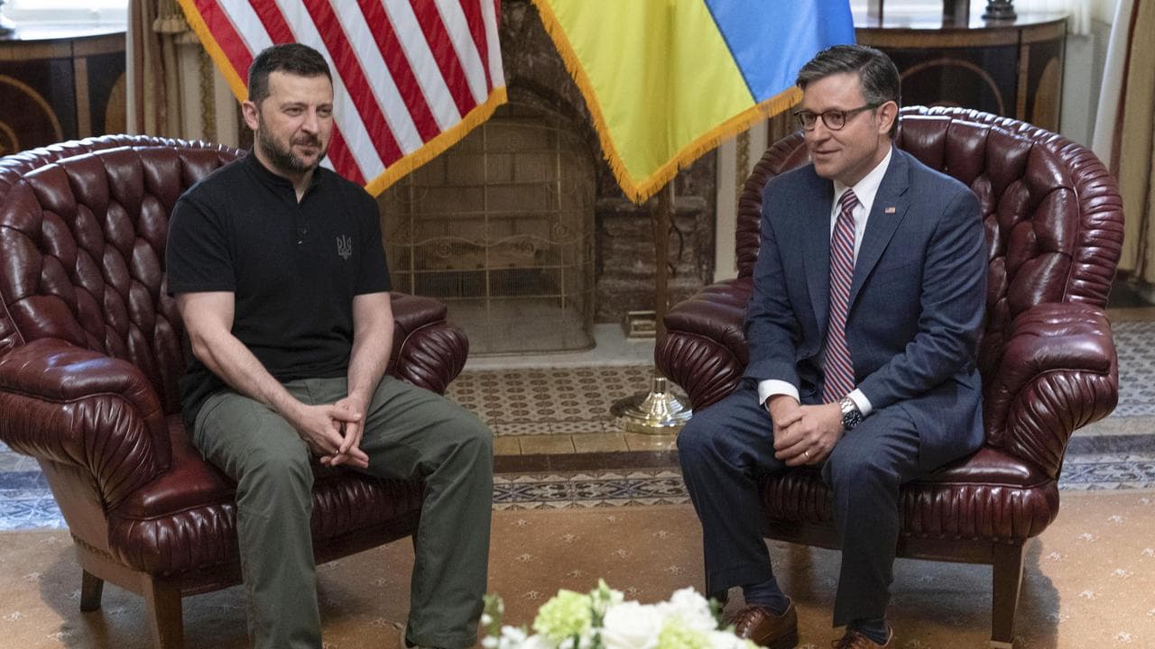 Ukrainian President Volodymyr Zelenskiy and US Speaker Mike Johnson.