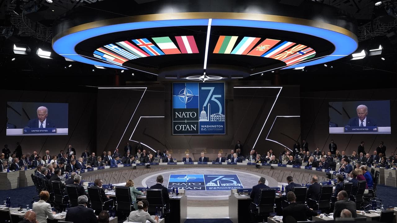 US President Joe Biden speaks at the NATO Summit, Washington