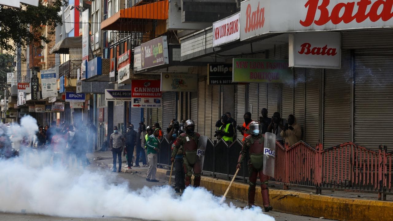 Police officers operate during an anti-government rally in Nairobi