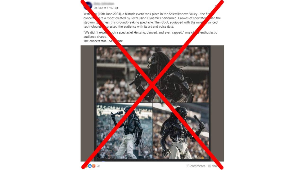 Crossed out Facebook post about a robot performing a concert.