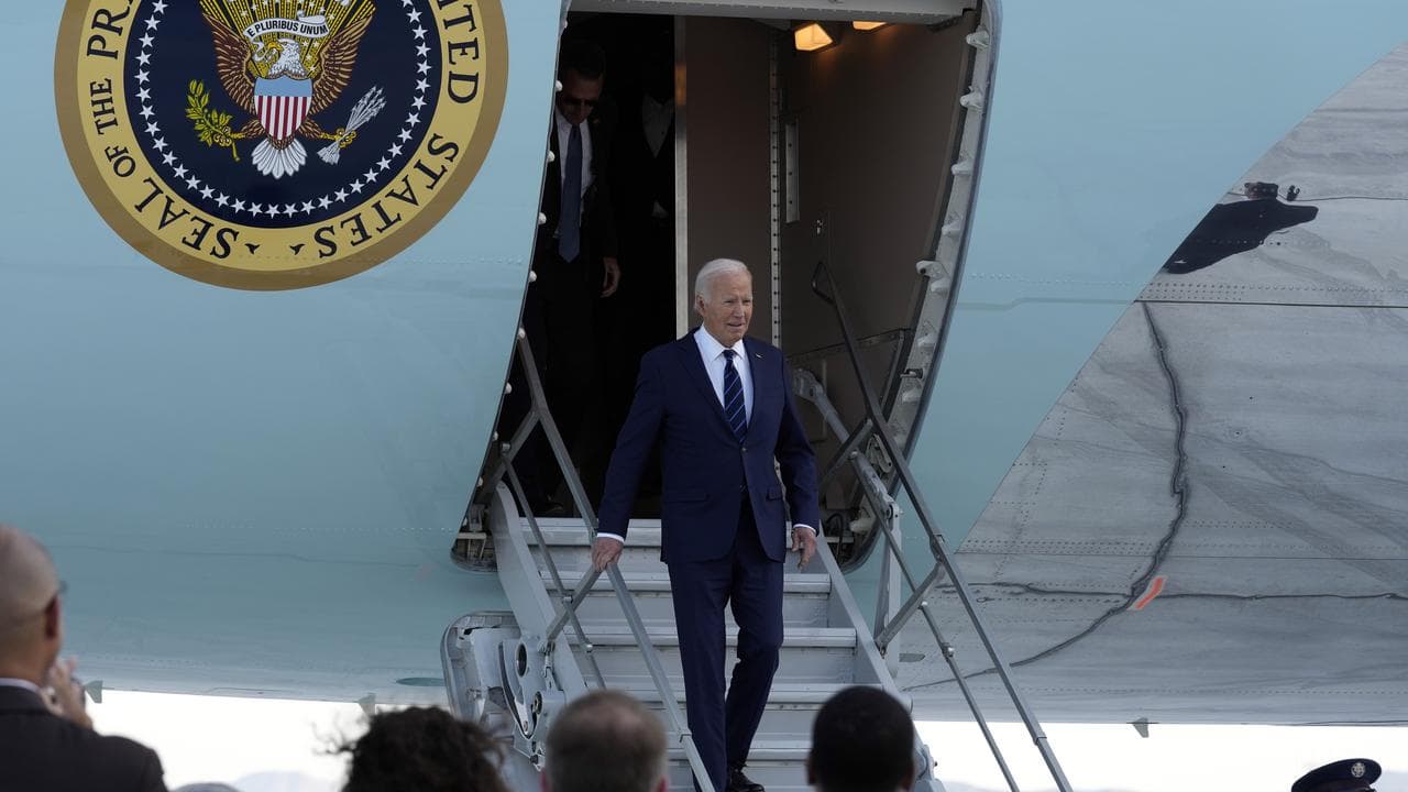 President Joe Biden walks from Air Force One in Las Vegas