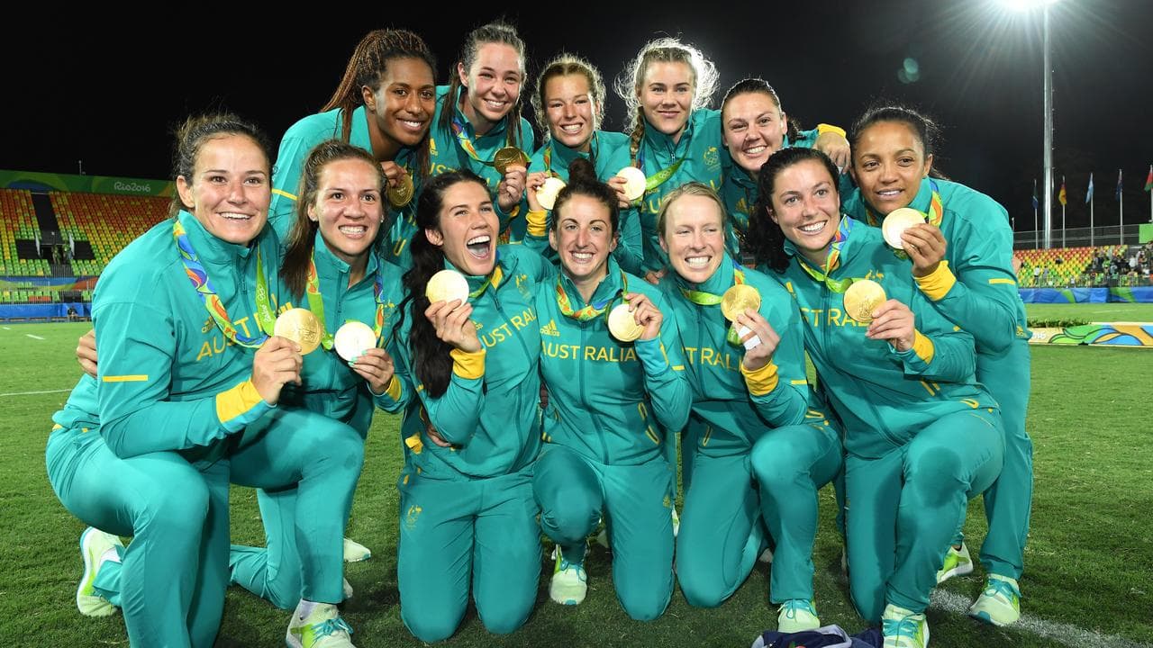 Celebrating Australia women's rugby sevens players.