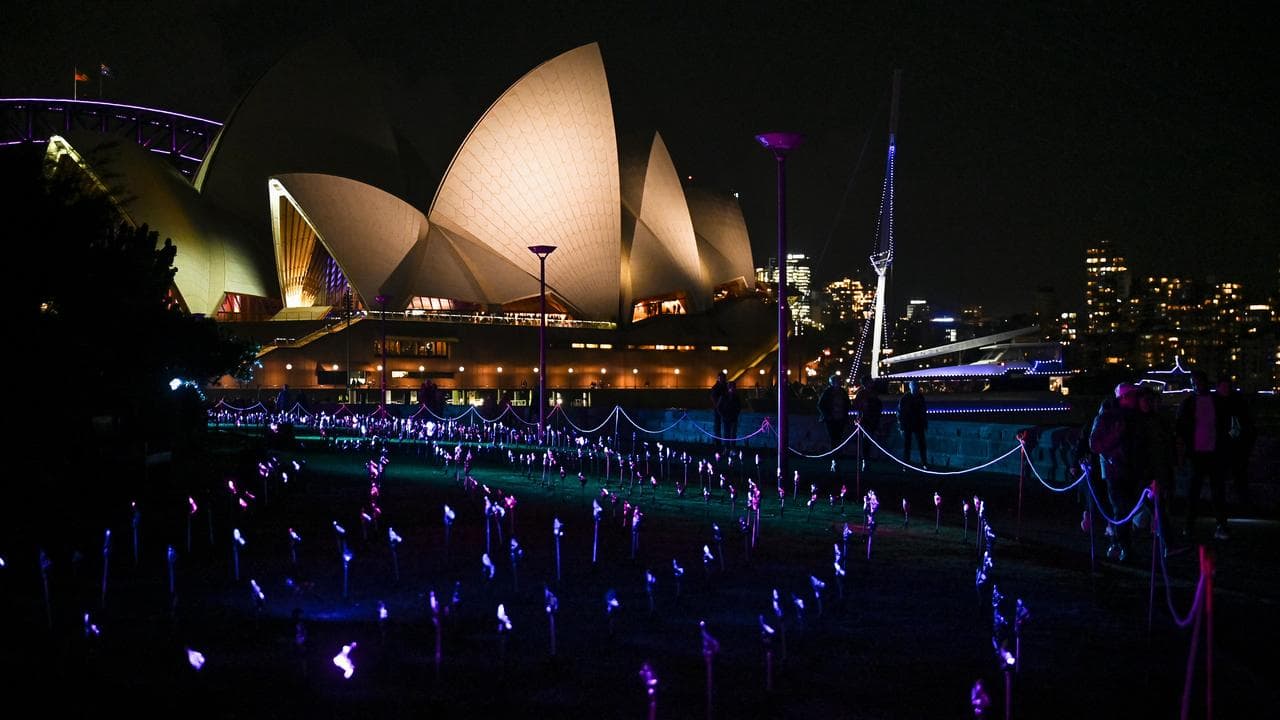 Light installations are seen in front of the Sydney Opera House