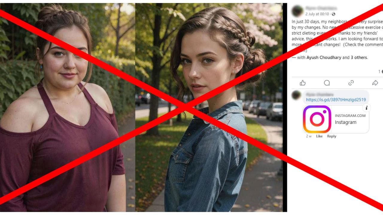 Crossed out Facebook post showing fake before and after diet pics