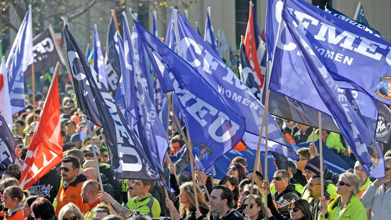 CFMEU flags at a rally in 2017