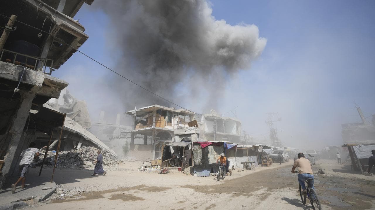 Smoke rises following Israeli bombardments in Khan Younis, Gaza Strip