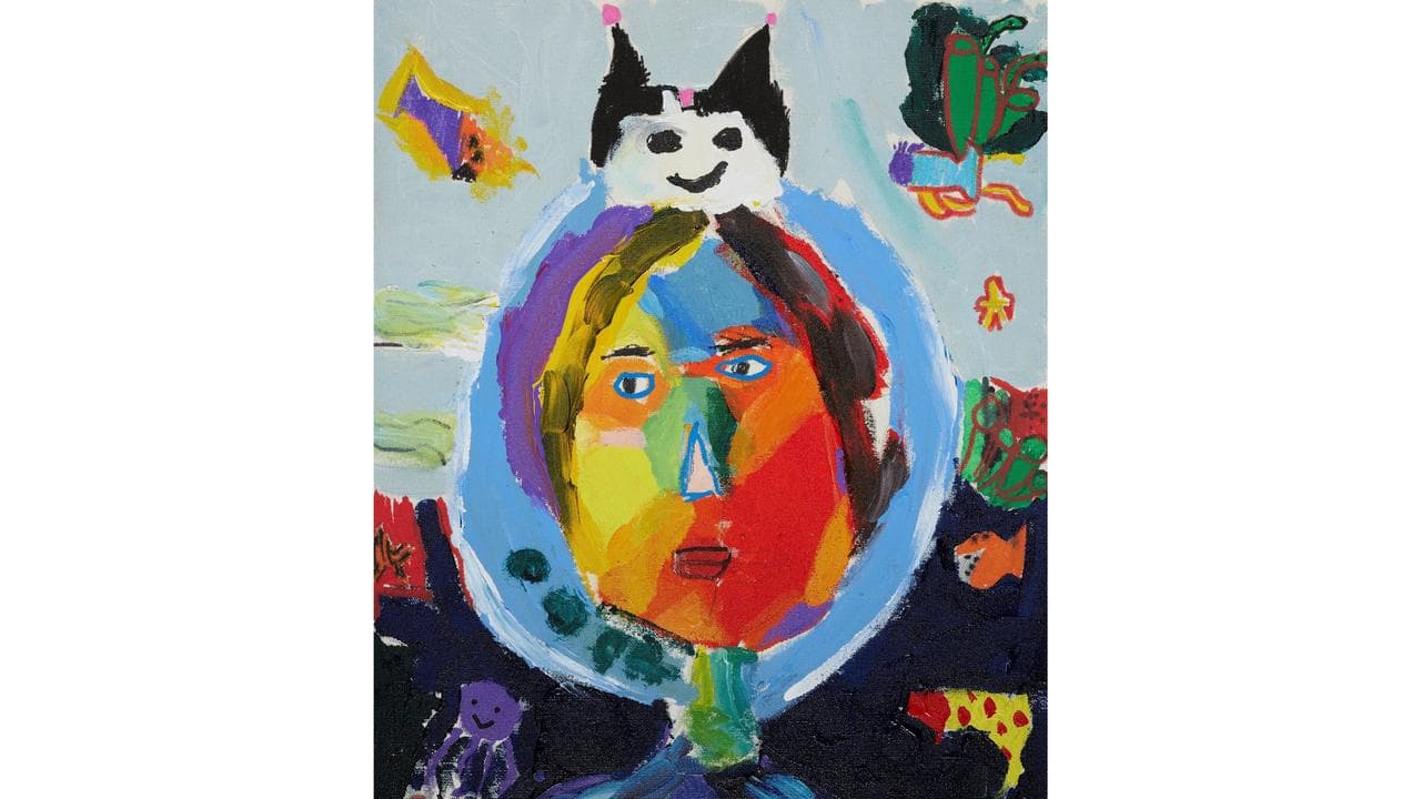 A painting of a person's face underwater.