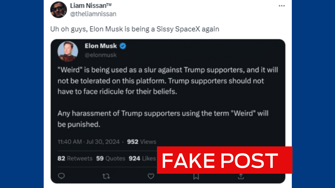 Tweet showing a fake Elon Musk threat post with the words 'FAKE POST'