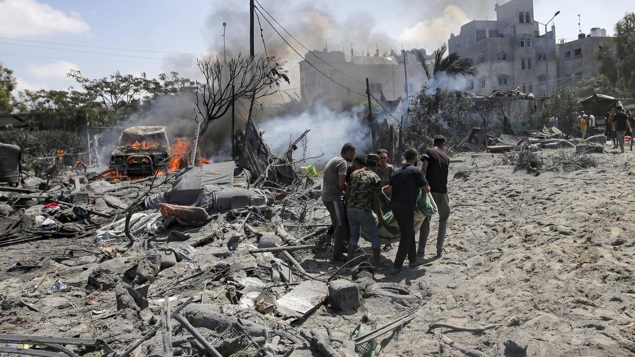 A site hit by an Israeli bombardment on Khan Younis on July 13, 2024