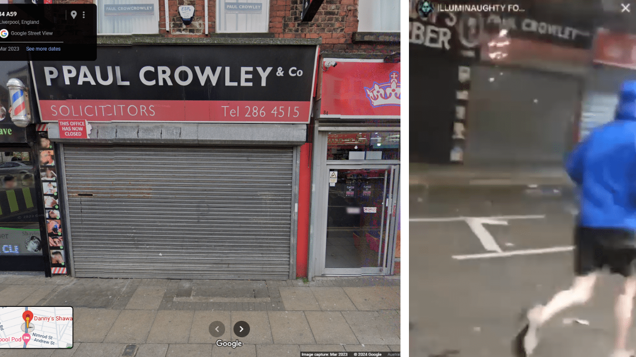 Google Street View and video image of street in Liverpool, UK.