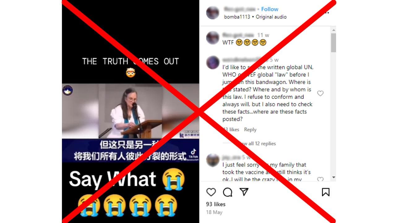 Crossed out Instagram post sharing a vaccine conspiracy theory video.