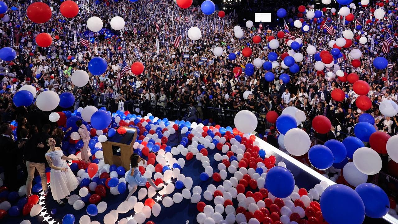 Balloons come down on the floor of the Democratic National Convention