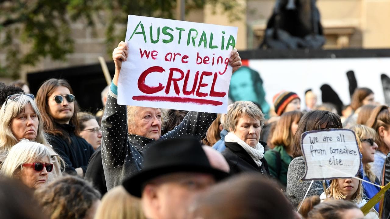 Protesters outside of the State Library of Victoria in Melbourne.