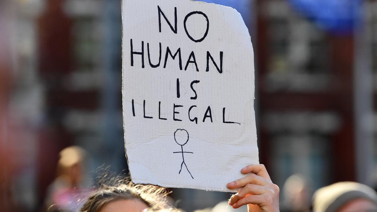 Protesters outside of the State Library of Victoria in Melbourne.