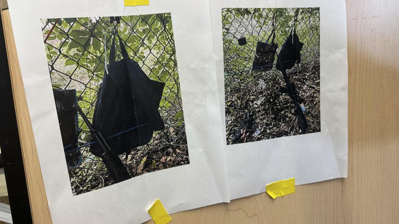 Photos of a backpack and rifle left at the scene