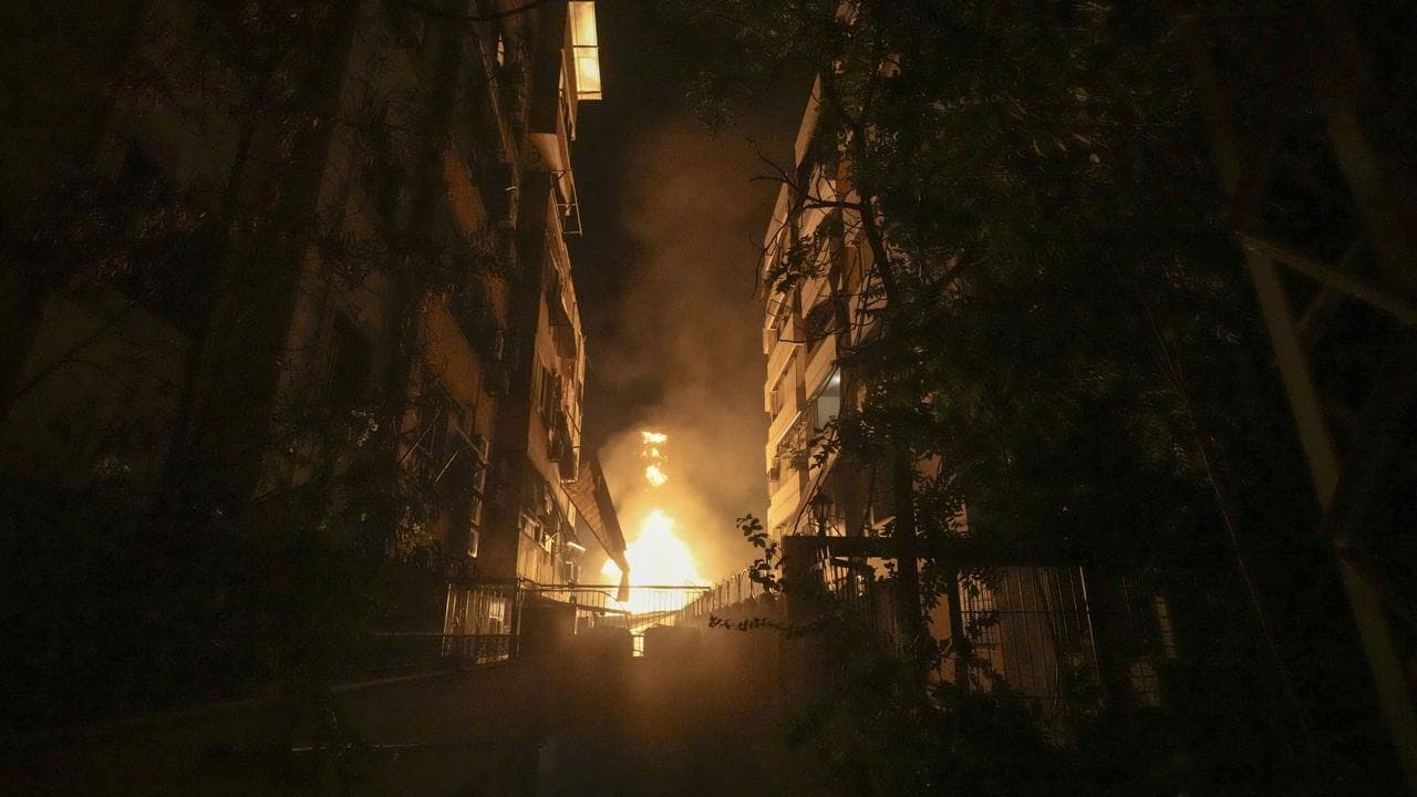 A fire burns at the site of an Israeli air strike