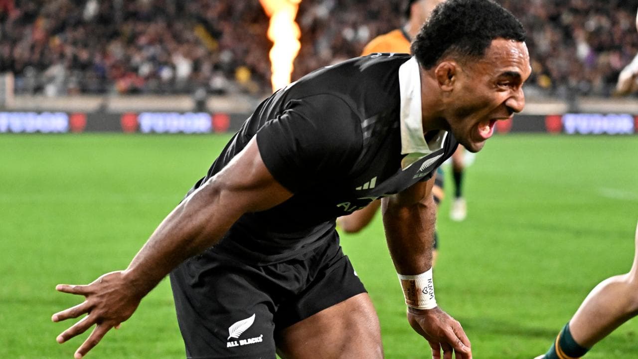 Sevu Reece of New Zealand celebrates a try.