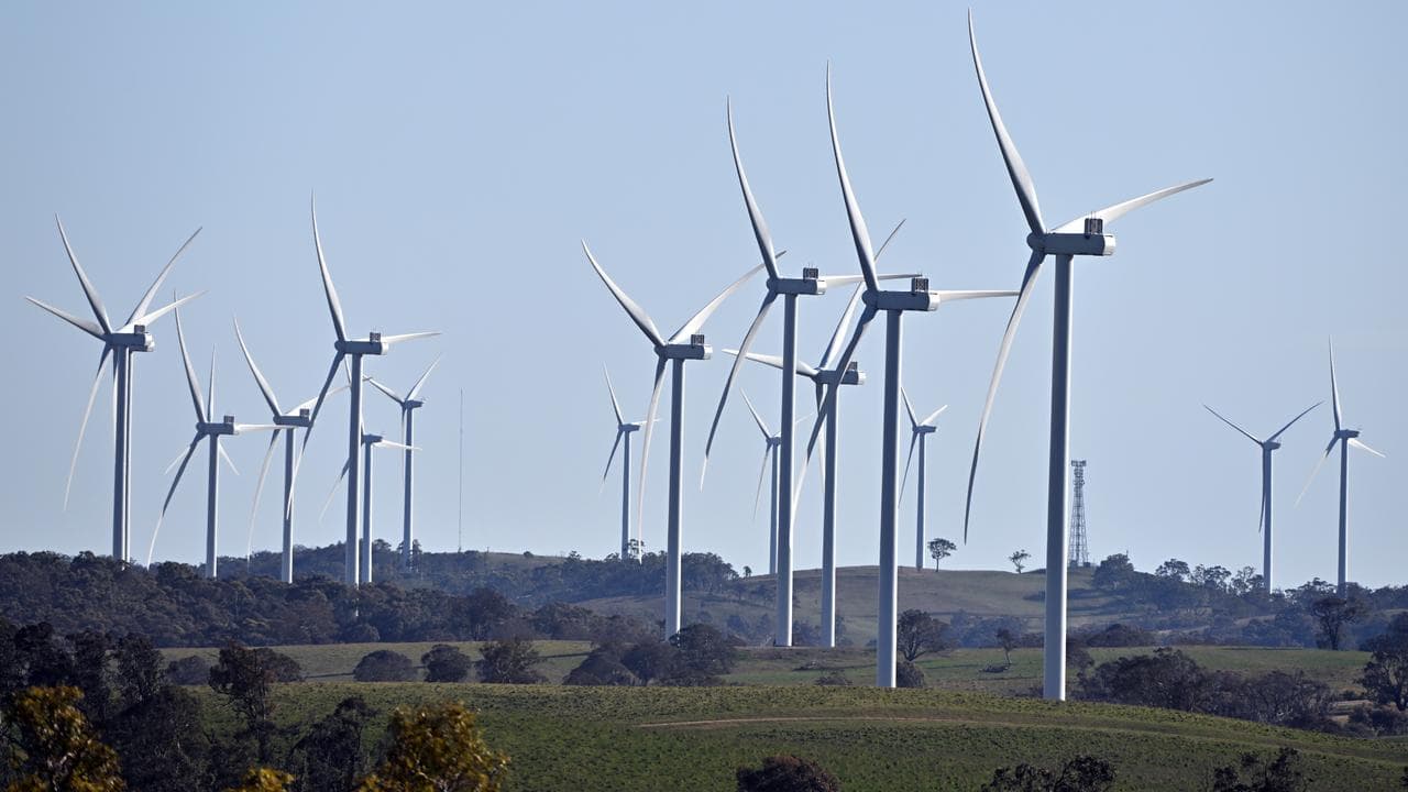Power-generating windmill turbines are seen on 50km south of Goulburn