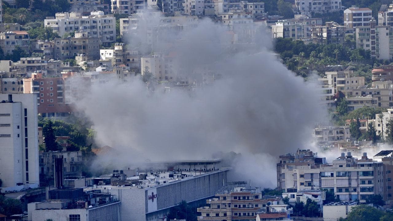 Smoke rises from an Israeli airstrike south of Beirut