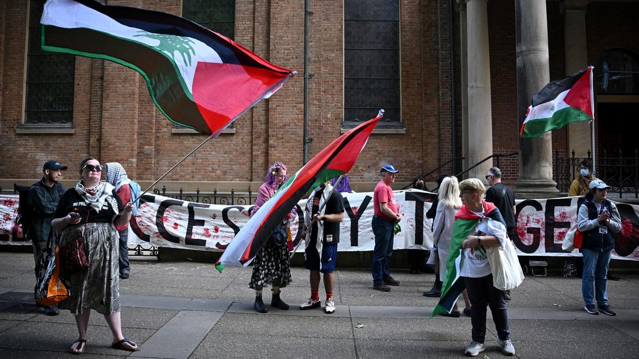 People rally outside the NSW Supreme Court, in Sydney