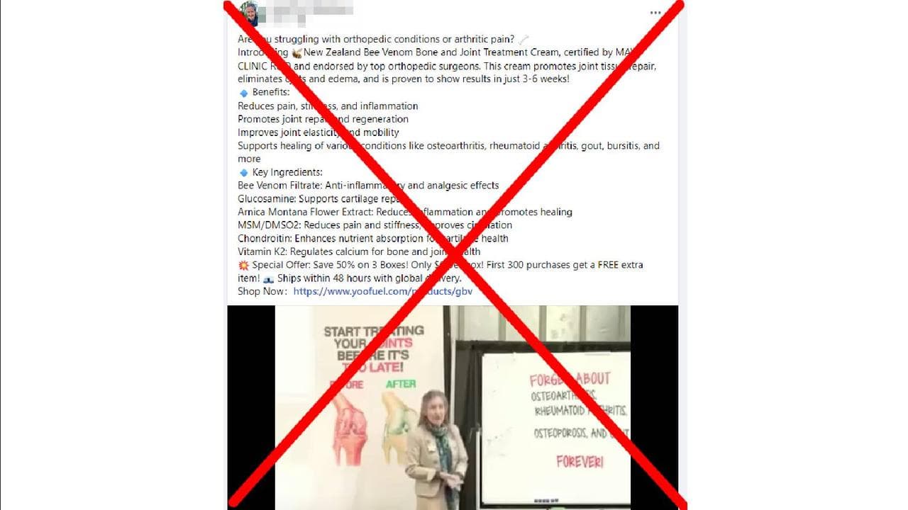 A crossed-out screen shot of false claims about bee venom cream