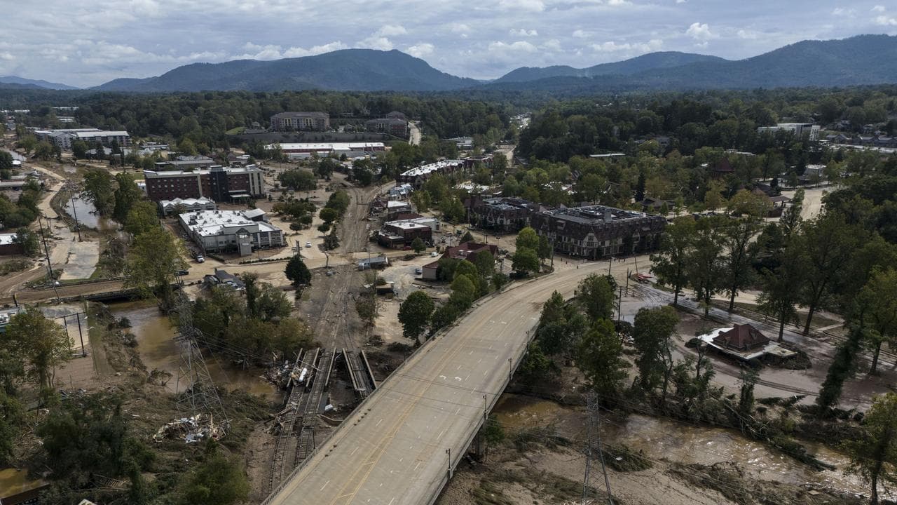 Aerial view of damage by Hurricane Helene in North Carolina