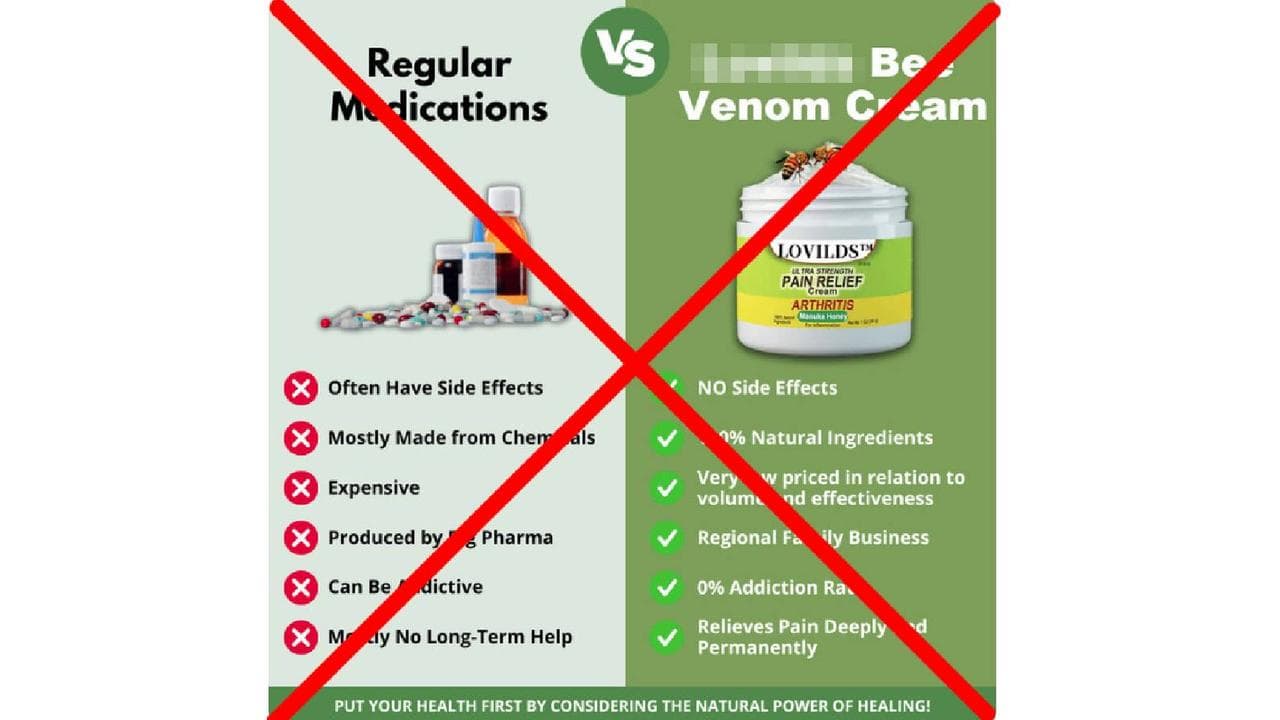 A crossed-out screenshot of an ad for bee venom cream.