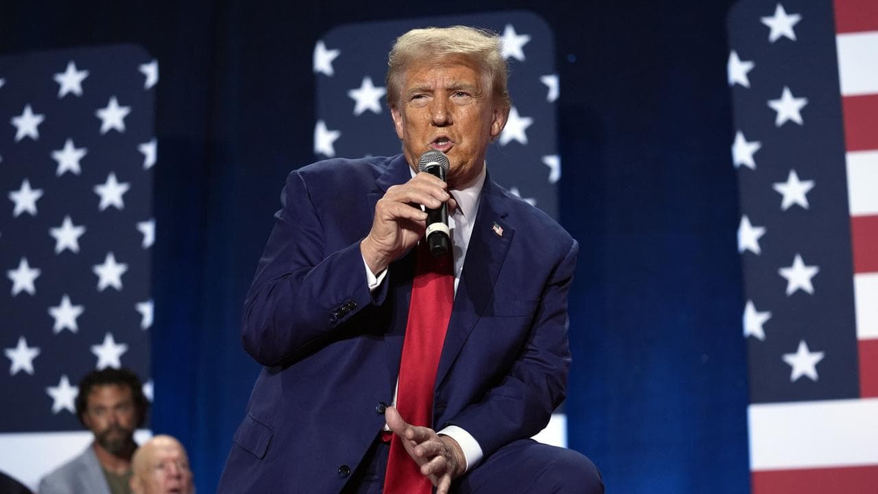 Donal Trump speaks at a town hall in Fayetteville, North Carolina