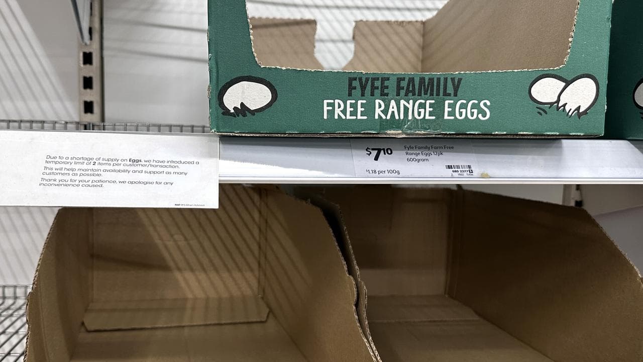 Empty shelves and a sign advising customers of egg rationing at Coles