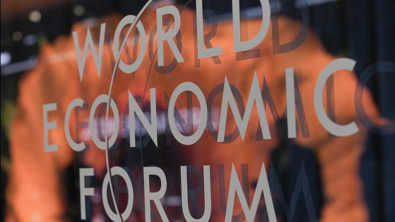 Logo of the World Economic Forum at Congress Center in Davos