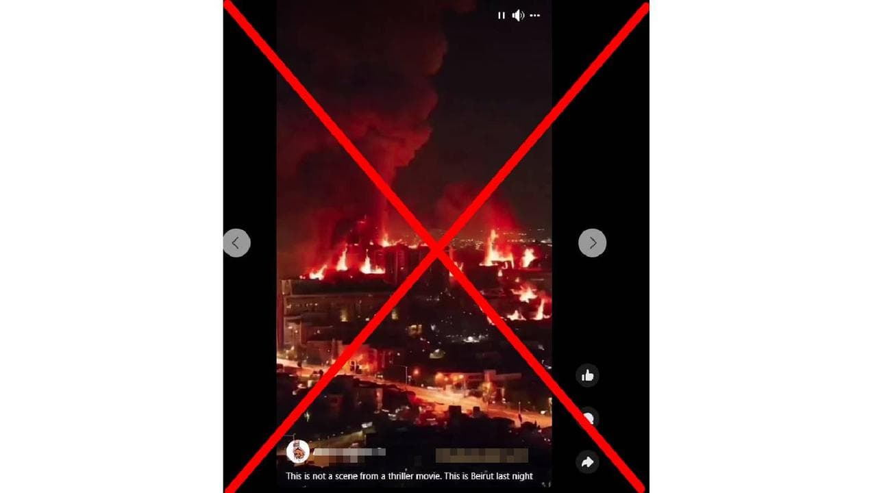 Screenshot of an AI image falsely claimed to be of Beirut in flames.