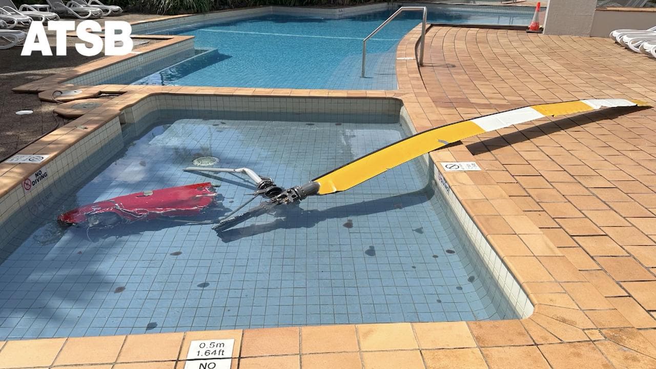 A helicopter rotor blade in a hotel pool