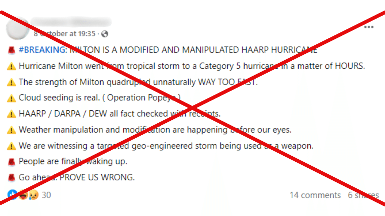 Facebook post claiming Hurricane Milton is modified