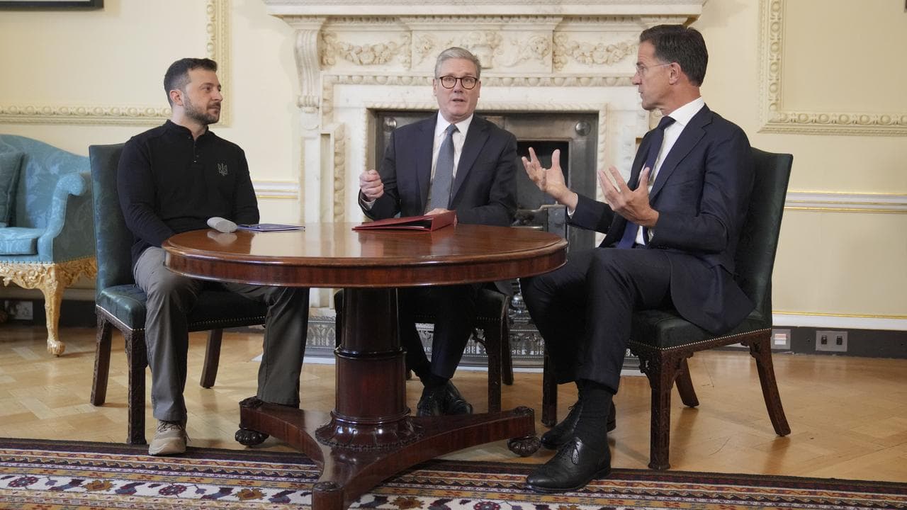 Volodymyr Zelenskiy, Keir Starmer and Mark Rutte at 10 Downing St