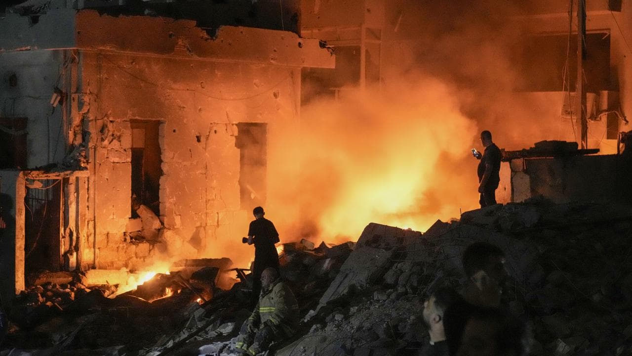 Destroyed buildings hit by an Israeli air strike in central Beirut