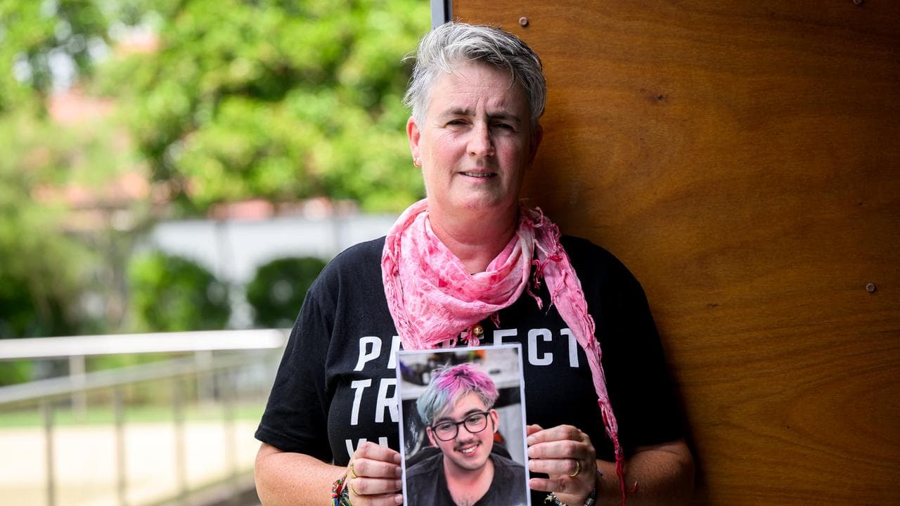 Heike Fabig holds a photograph of her late transgender son Bodhi Boele