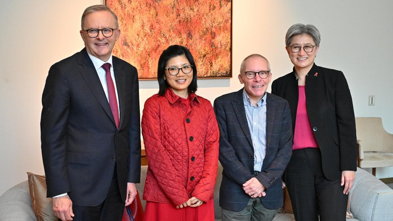 Sean Turnell, wife Ha Vu, Anthony Albanese and Penny Wong (file image)